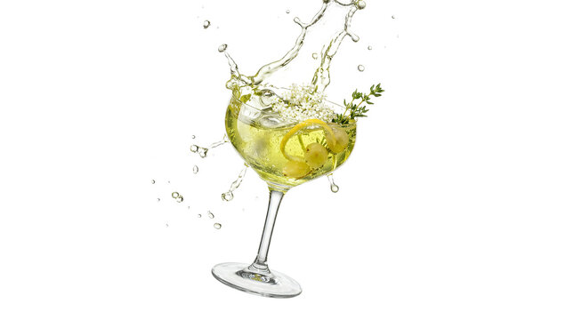 Fresh Summer Splash Cocktail with Elderflower Grapes and Thyme in Coupe Glass Isolated on White Backdrop