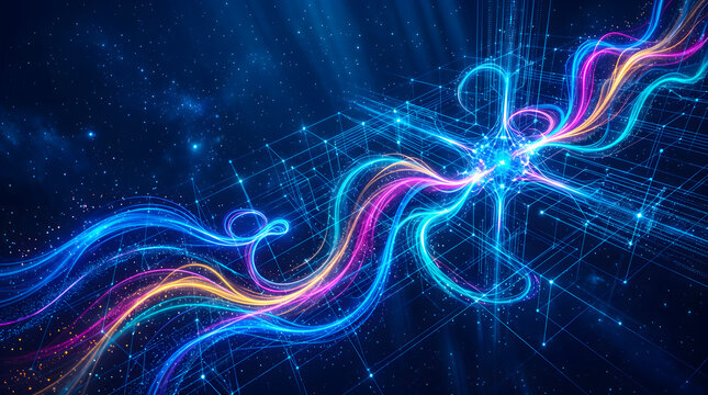 Colorful light wave patterns representing high speed fiber optic communication