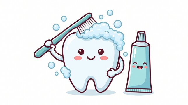 Cute tooth mascot brushing with toothbrush and toothpaste, happy kawaii teeth character with foam and bubbles, pediatric dental hygiene and health vector illustration isolated on white background