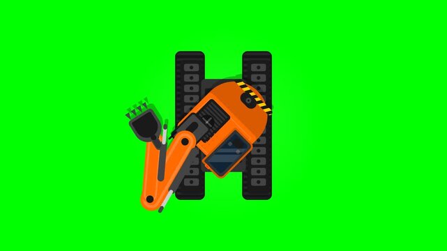 Top down view of orange hydraulic crawler excavator rotating on green screen