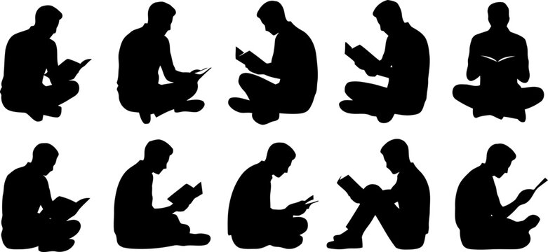 Silhouettes of people sitting and reading books in various poses on white background