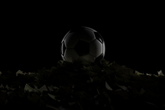 3D rendering of a traditional soccer ball resting on a pile of money