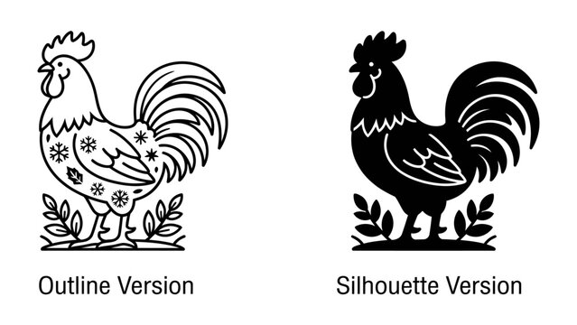 Rooster Icon Set: A charming set of rooster icons, presented in both an outline and a silhouette version, detailed with floral motifs, symbolizing nature, agriculture, and farm life.