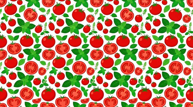 Seamless pattern of red tomatoes and green basil leaves