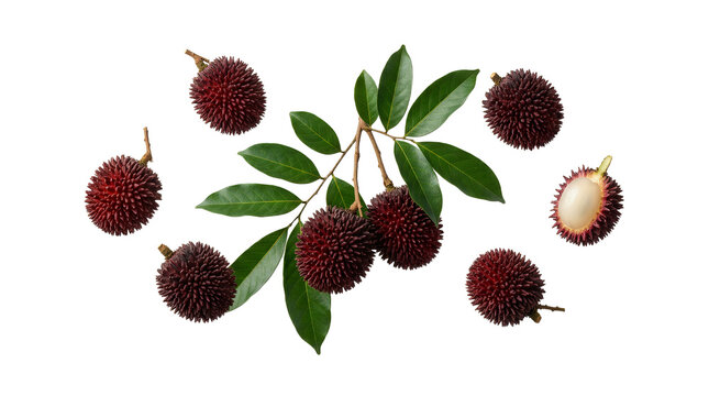 Fresh Exotic Pulasan Tropical Fruit with Green Leaves and Whole Red Spiky Fruits Isolated on White Background Top View