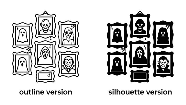 Spooky Gallery Wall Icons: A collection of framed portraits depicting eerie figures like ghosts, monsters, and masked characters.