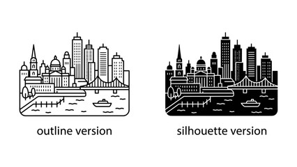 Cityscape Silhouette and Outline: A striking depiction of a bustling cityscape, presented in both a detailed outline and a bold silhouette. © babuni