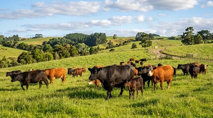 Naklejka premium Herd of cattle grazing in a lush green rolling pasture under a cloudy sky