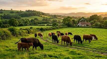 Fototapeta premium Herd of cattle grazing in lush green countryside at sunset, rural landscape
