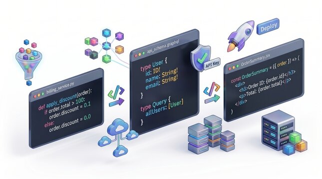 Modern software development workflow, API schema GraphQL code on screens, billing service logic, deploy rocket icon, cloud computing servers and database architecture, digital t...