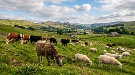 Obraz premium Herd of cows and sheep grazing on a green rolling hillside under a blue sky