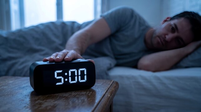 Tired man reaching for a glowing black digital alarm clock displaying five o clock during the early morning light hours.
