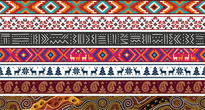 Ethnic Seamless Border Collection with Tribal, Folk, Geometric, Nordic, Paisley, Aboriginal, and Aztec Decorative Pattern Vector Design Elements