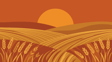 Minimalist illustration of golden wheat fields with rolling hills at sunset © Aesthetica