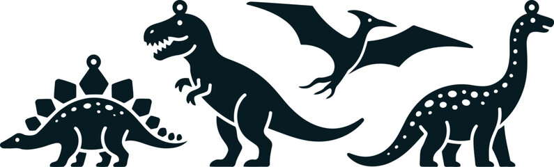 Three black silhouettes of dinosaurs and a pterodactyl flying together in air © SAYEDAJANNATUL