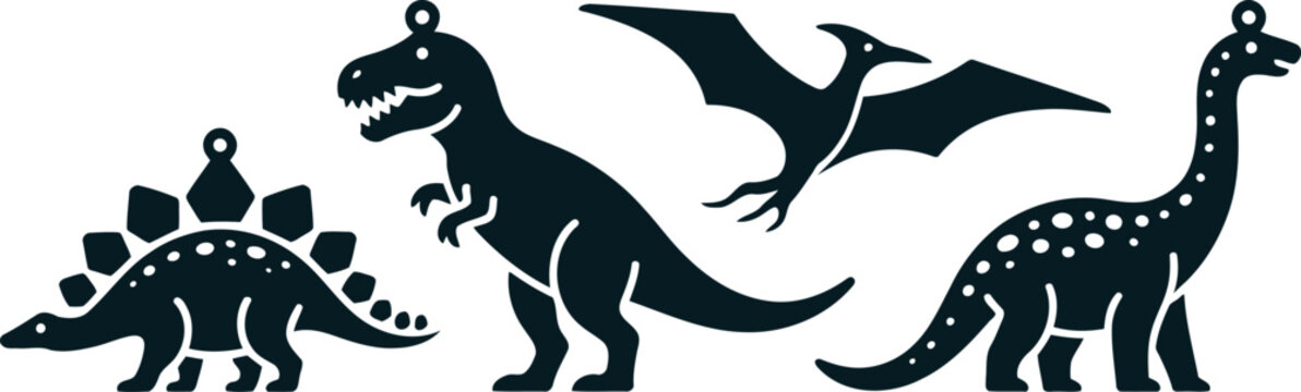 Three black silhouettes of dinosaurs and a pterodactyl flying together in air