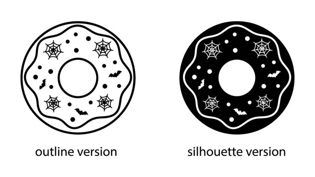 Halloween Doughnut Icon Set: A set of two Halloween-themed doughnuts, one in outline and the other in silhouette, featuring festive spiderwebs, bats, and polka dots, perfect for festive graphics.
