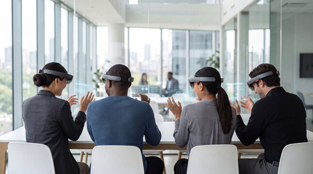 Mixed race people wearing augmented reality glasses in authentic entrepreneurship meeting