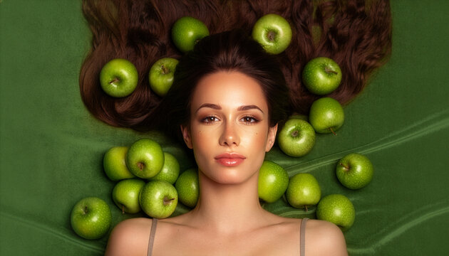 Top view beauty portrait of elegant brunette woman lying on green fabric surrounded by fresh granny smith apples, organic skincare concept