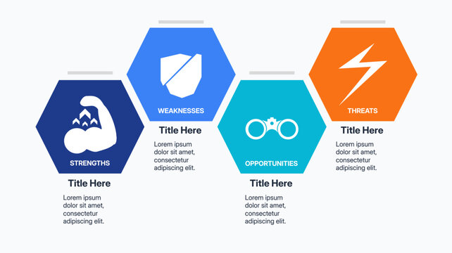 Modern corporate SWOT analysis infographic presentation slide layout, business strategic matrix chart with interlocking hexagon diagram, business icons and text placeholders vector illustration