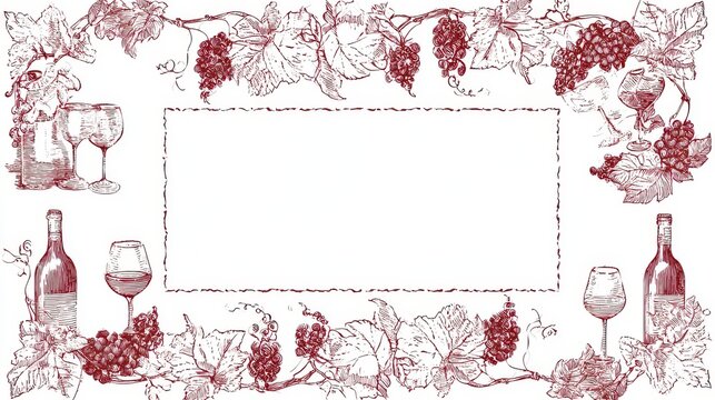 Engraved restaurant border, detailed illustrations of grapevines, wine bottles, and glasses, rectangular blank center, deep red ink on white
