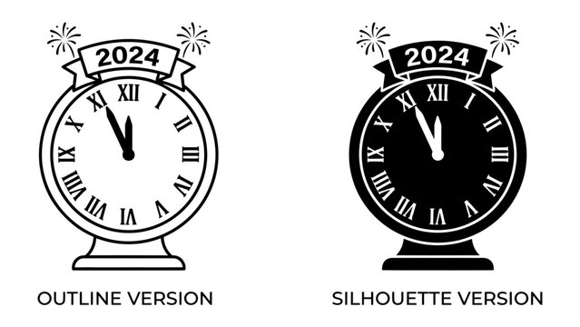 New Year Clock 2024: A festive clock adorned with the year 2024 and celebratory fireworks marks the imminent arrival of the new year, presented in both outline and silhouette versions.