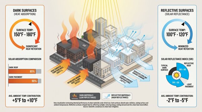 Urban Albedo Data Infographic With City Block Heat Comparison Metrics