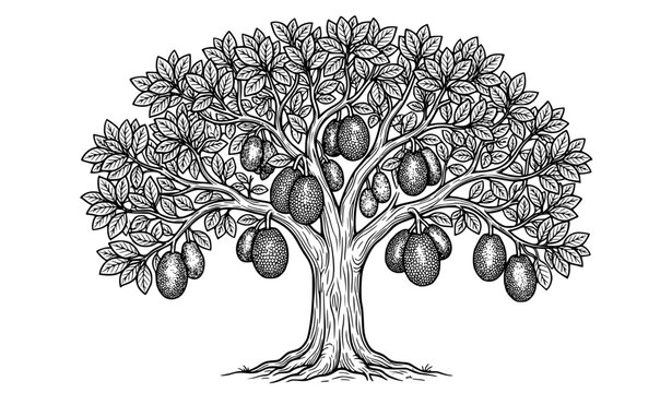Flourishing Jackfruit Tree Coloring Page Vector with Tropical Botanical Outline Illustration