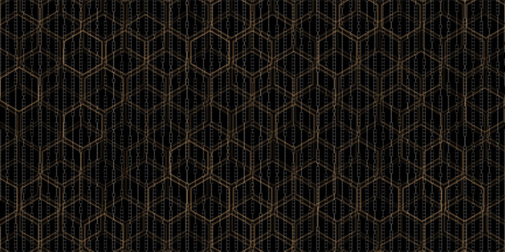 Luxury hexagonal abstract black metal background with golden light lines. Dark 3d geometric texture illustration. Bright grid pattern. Pure black horizontal banner wallpaper. Carbon elegant wedding BG