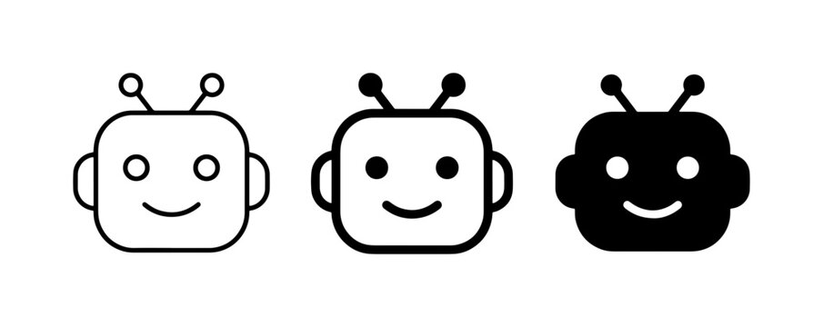 Robot Head Icons, Cute AI Bot Faces, Simple Digital Assistant Symbols, Vector Graphics Set
