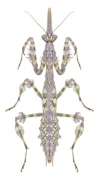 Empress elisabeth mantis illustration isolated on white background, top view macro of purple and white horned flower mantis