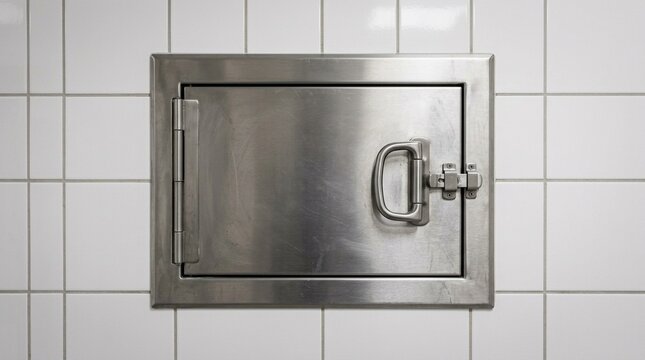 Stainless steel linen chute opening set into a tiled utility wall close detail shot - Hospital Laundry Infrastructure Stock Photo