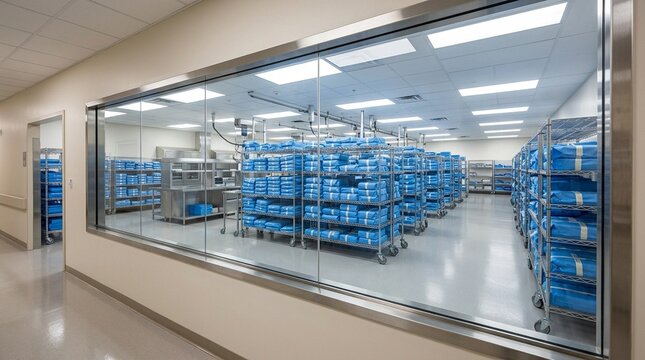 Central sterile supply department viewing window showing racks of wrapped instrument trays wide establishing shot - Healthcare Sterile Processing Facility Stock Photo