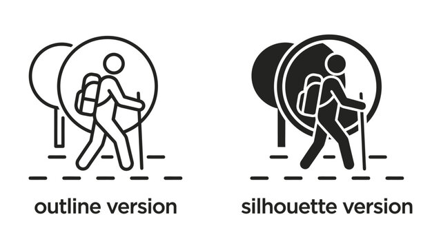 Hiking icon: Two stylized icons representing a hiker with a backpack and trekking pole, one in outline and the other in silhouette, set against a backdrop of trees and a path.