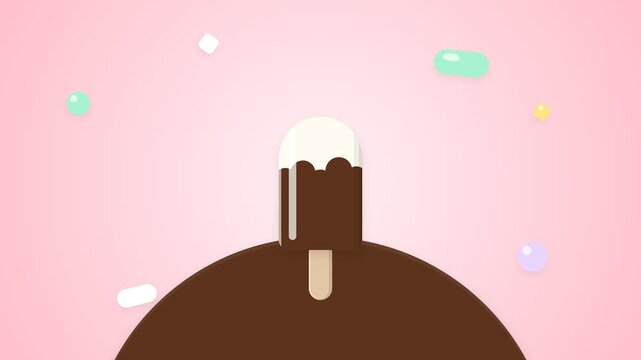 Minimalist Animation of Vanilla Ice Cream Bar Dipping into Dark Chocolate Coating on Pink Background