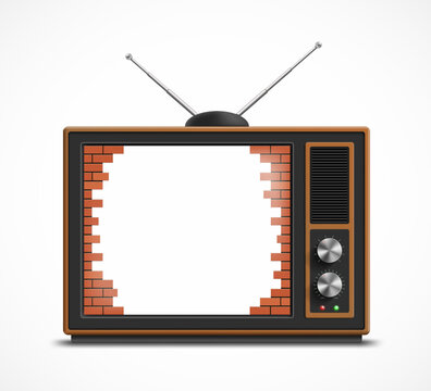 Retro TV with broken brick wall with hole on the screen. Isolated on white background. Vector illustration