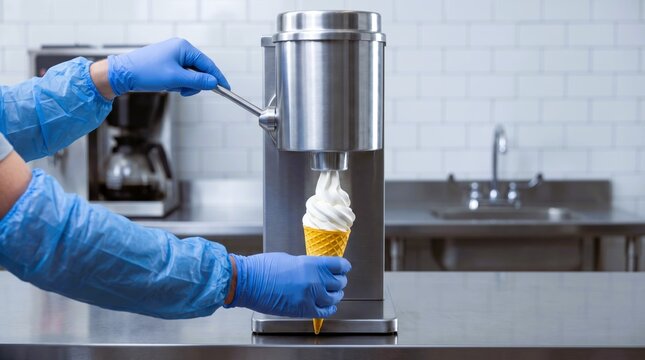 Person wearing blue sanitary gloves uses a stainless steel soft serve machine to dispense vanilla ice cream into a cone.