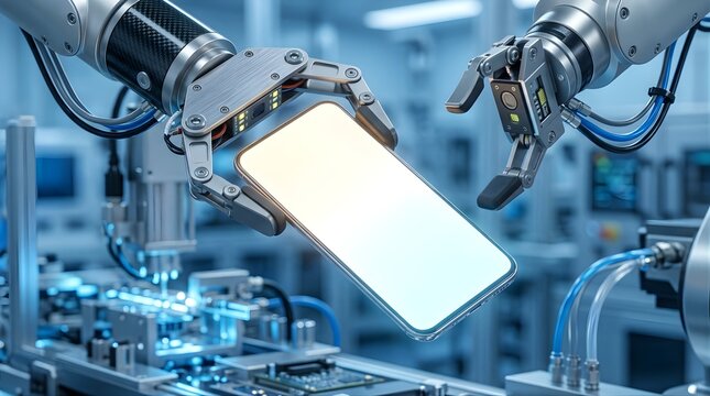 Robotic arms holding a blank smartphone screen in a high-tech factory