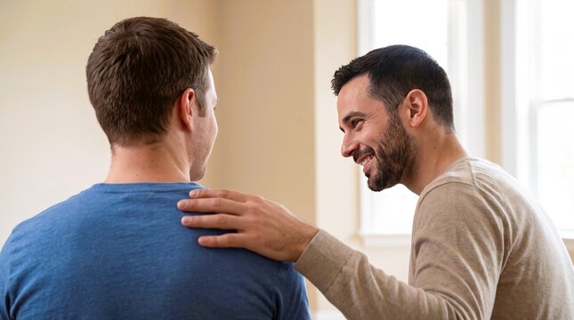 Two young men share a warm moment of genuine connection while one smiles kindly and touches the other's shoulder gently.