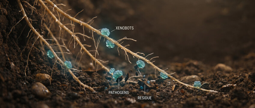 Xenobots supporting plant roots in an agricultural soil concept