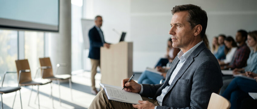 Determined middle-aged student seated at the front of a university lecture
