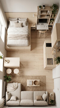Top view of a compact urban apartment organized for balanced living
