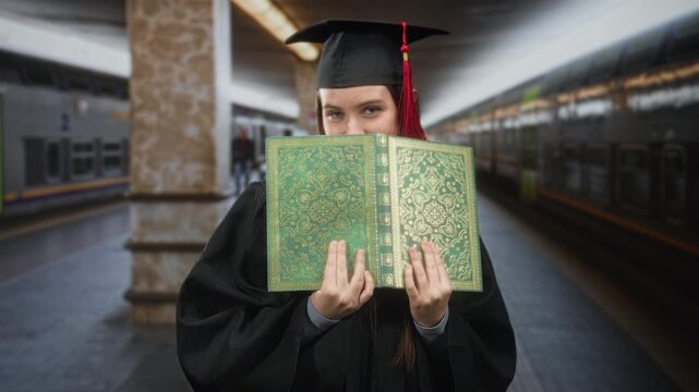 Woman graduate in cap and gown holding ornate green book to her face on a building platform; pride accomplishment.