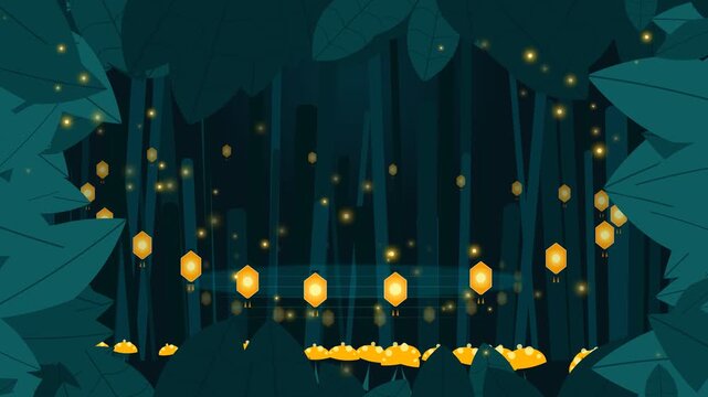 Magical Enchanted Forest at Night with Glowing Lanterns and Fireflies Illustration