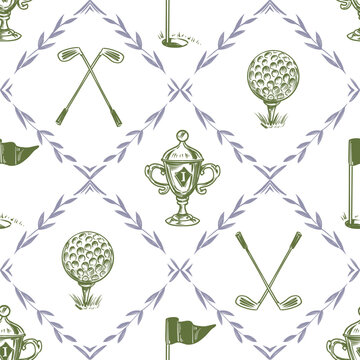 Golf sketch seamless pattern. Sports tools vector illustration. Hand drawn vintage style, isolated