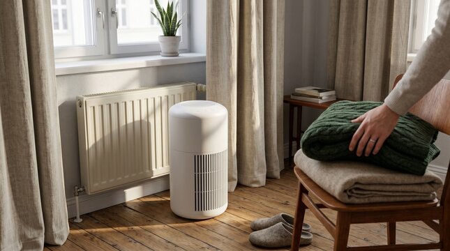 Compact Air Purifier by Radiator and Curtains in Urban Apartment