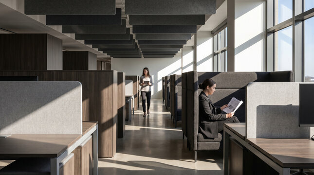 Acoustic booth workstation corridor with high-backed seating reducing noise