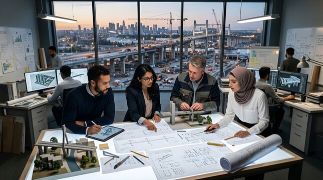 Diverse engineering team planning construction project at desk with blueprints, city view