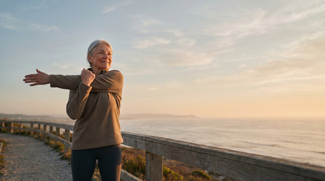 Active senior woman walking at sunrise for healthy aging
