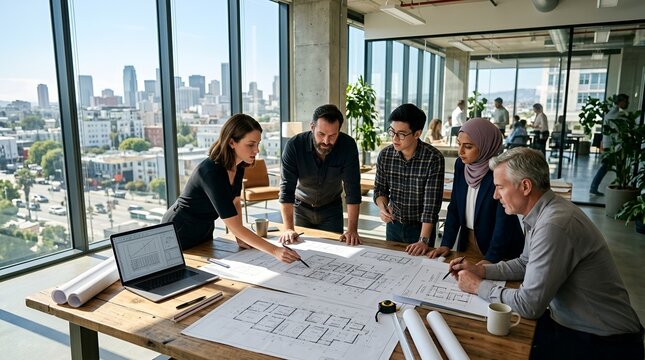 Diverse Team Collaborates on Blueprints in Modern Office with City View